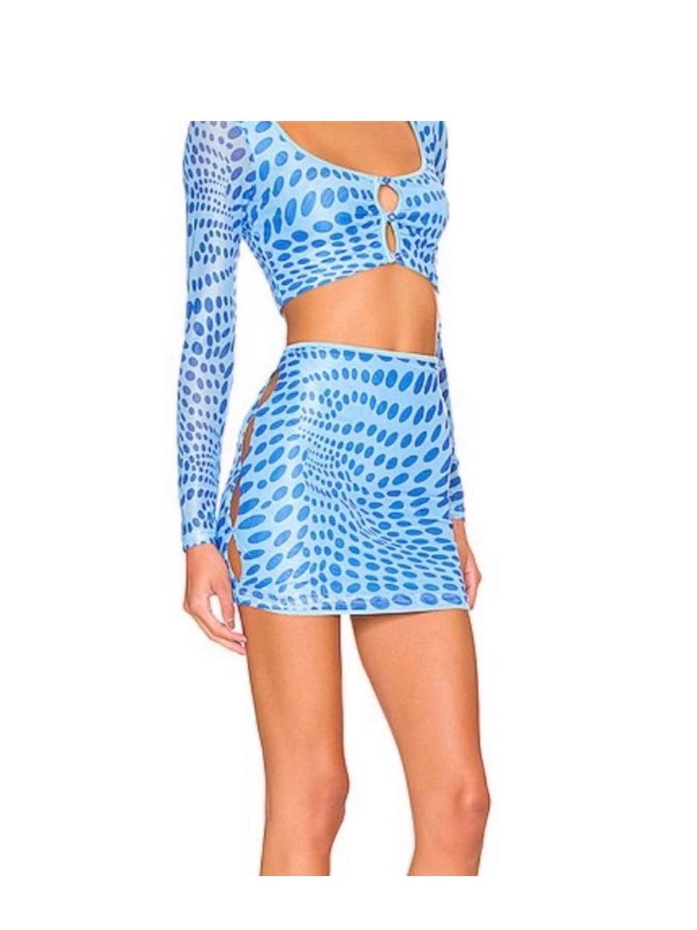 superdown Light Blue Scoop Neck Crop Top and matching mini skirt